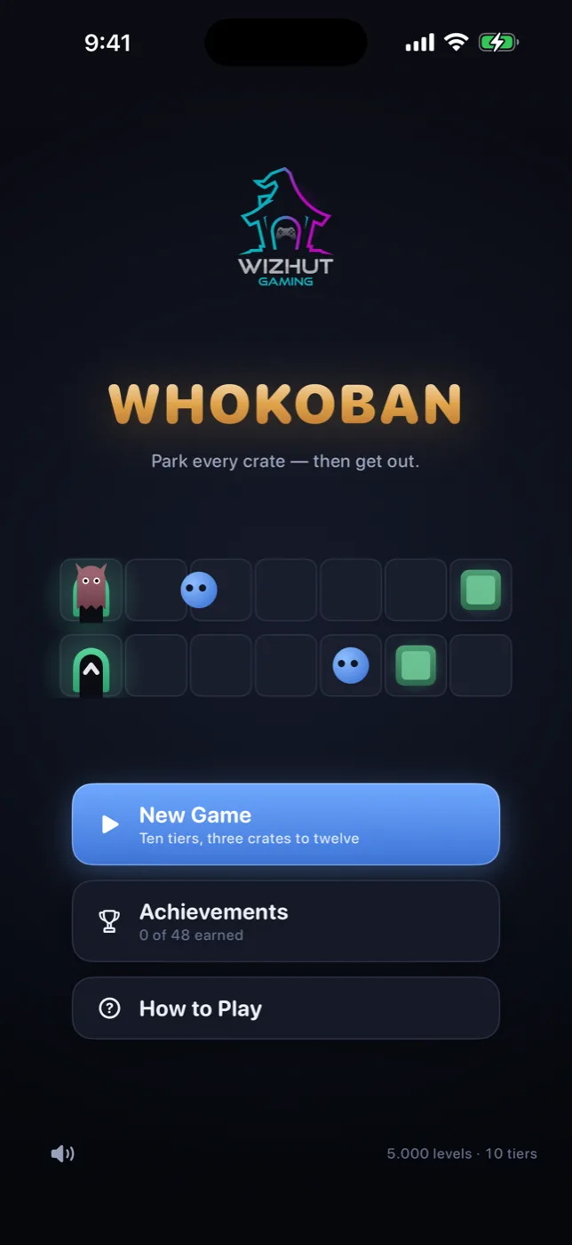 Whokoban's title screen on iPhone: New Game — ten tiers, three crates to twelve — plus Achievements and How to Play.