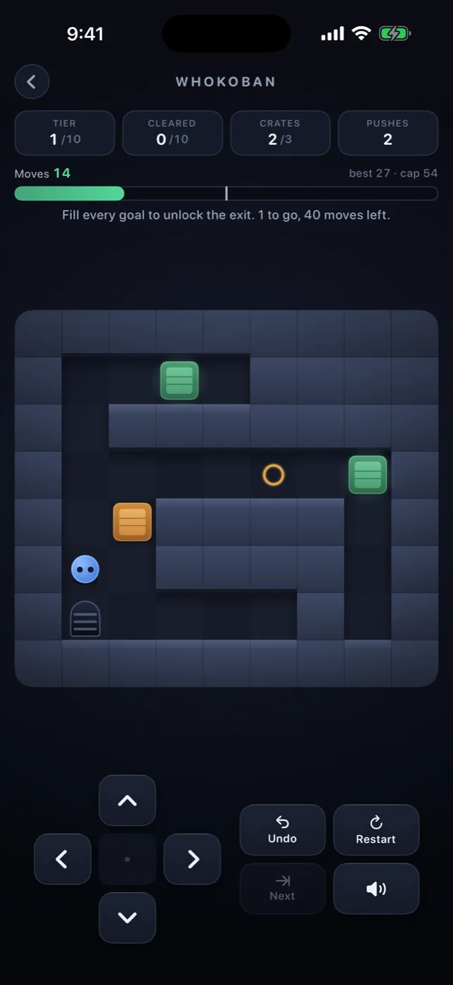 Whokoban gameplay on iPhone: a warehouse of crates, goals and walls, with the move bar showing 14 moves against a best possible of 27.