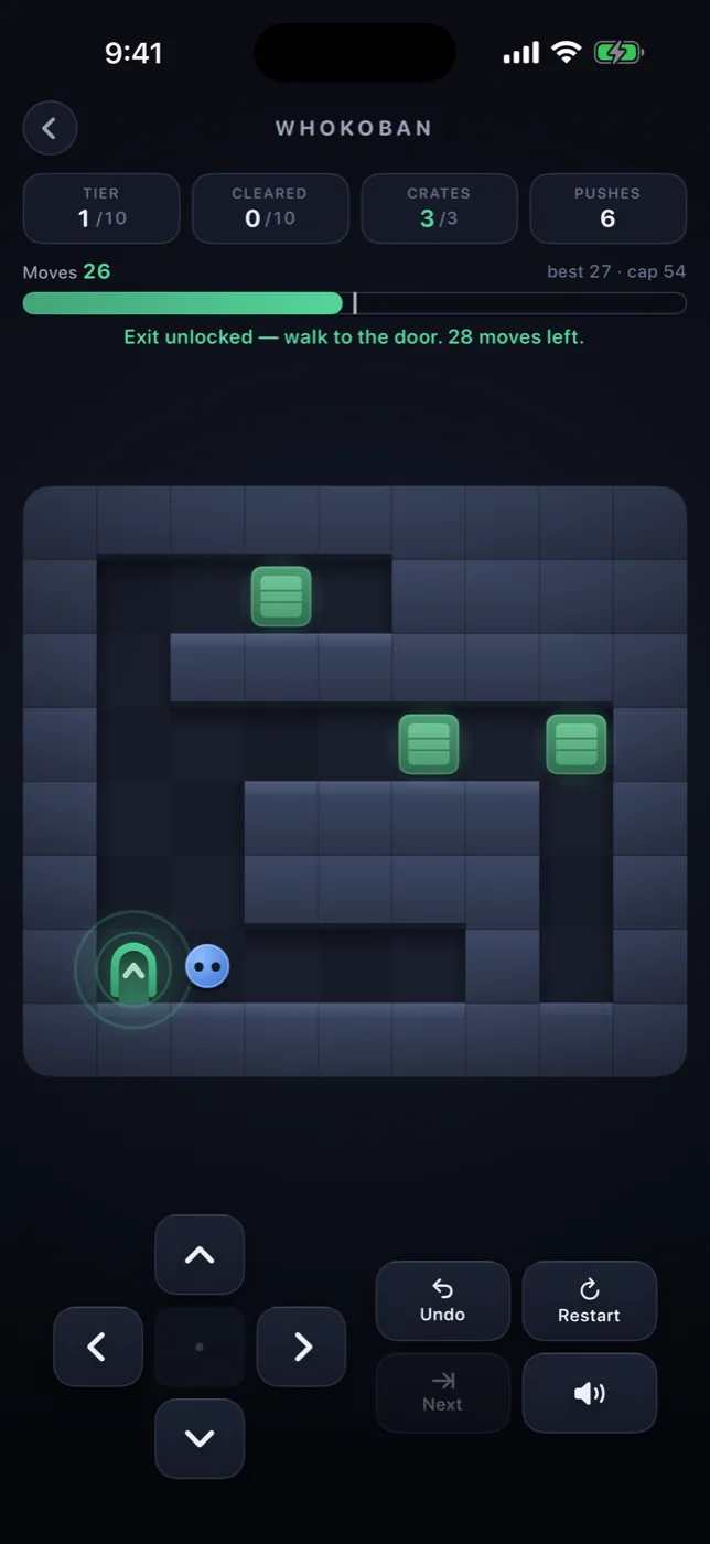 Whokoban gameplay: all three crates are on their goals and the door is glowing, with 28 moves left.