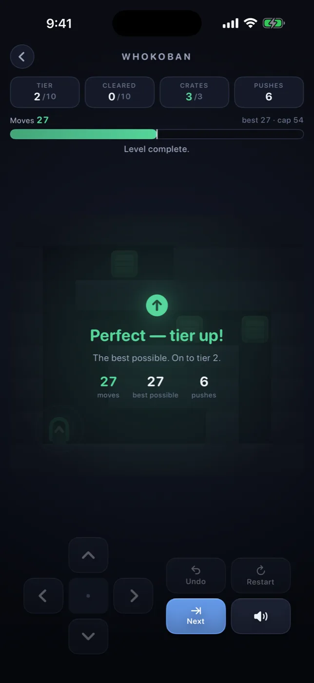 Whokoban level complete screen: Perfect — tier up, 27 moves against 27 best possible, 6 pushes.