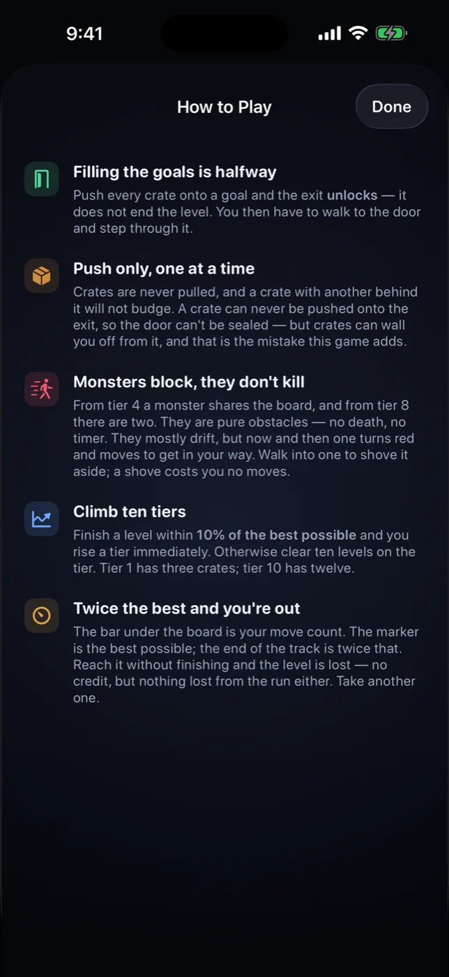 Whokoban How to Play screen, explaining goals, pushing, monsters, tiers and the move cap.