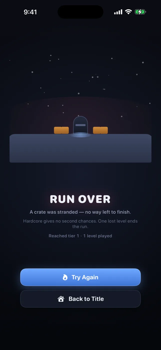 Whokoban's run-over screen after a hardcore loss: the vault from outside with its door shut, Whoko's light leaking under it, and the words Run Over.