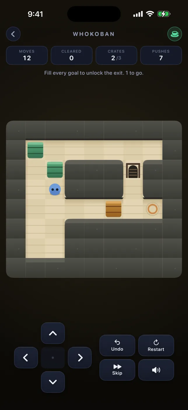 Whokoban in Casual mode on iPhone, in the Zen Garden look: two of three crates parked, readouts for moves, levels cleared, crates and pushes with no tier and no move bar, a cup badge in the corner, and a Skip key beside Restart.