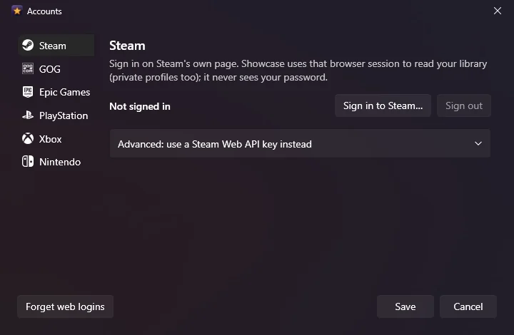 Showcase's Accounts window, with a tab for each of the six stores