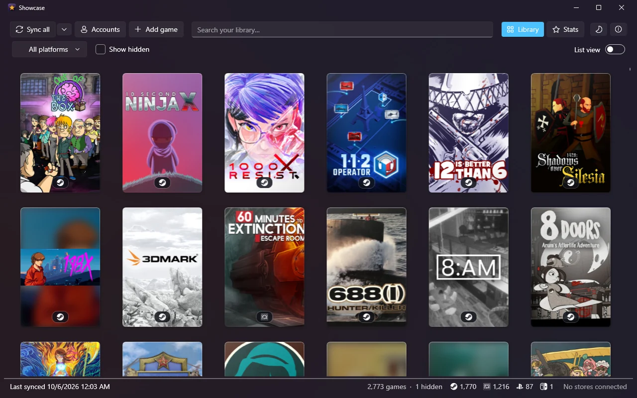 Showcase's library as a poster grid, each poster with the icon of the store it came from