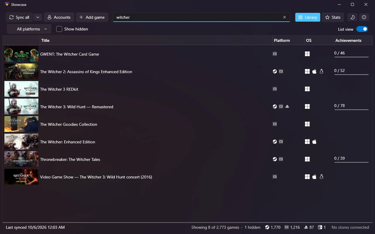 Showcase's list view: titles with banner art, store icons, Windows, macOS and Linux icons, and achievement counts