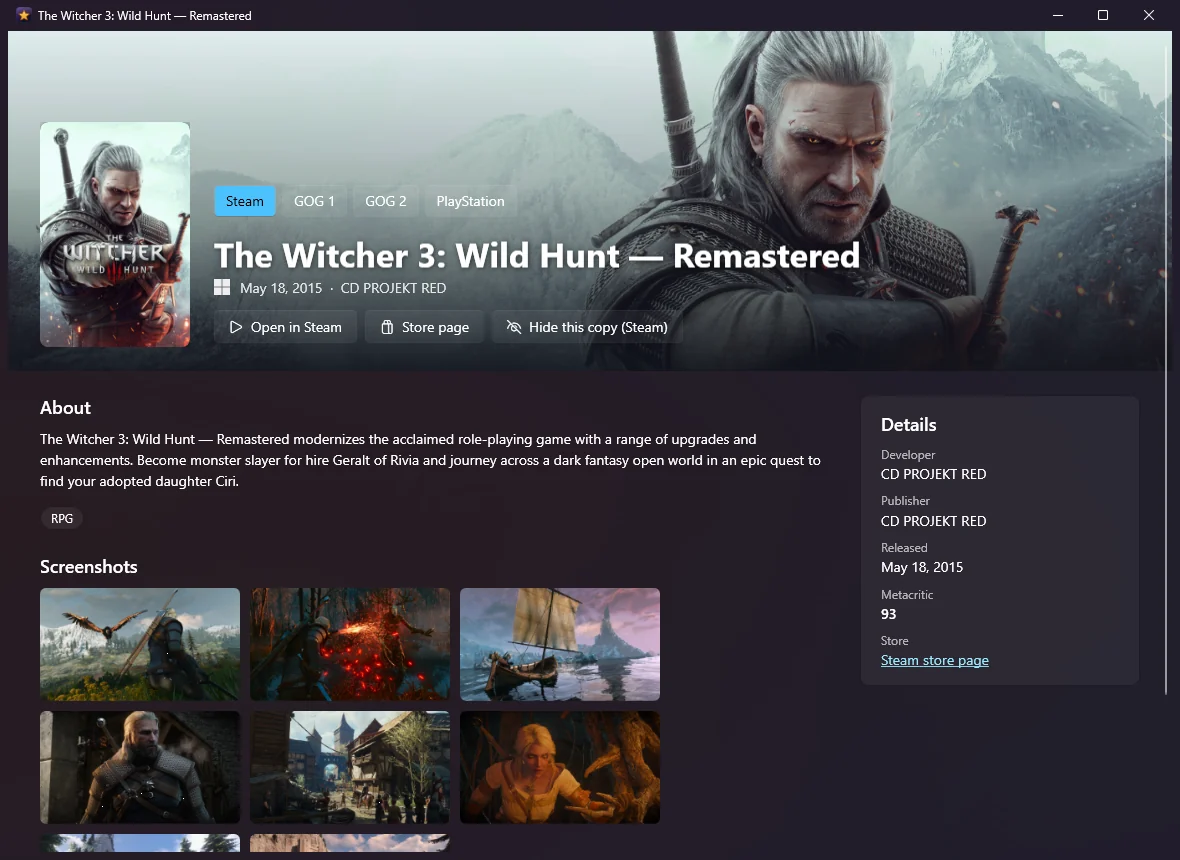 The profile page of The Witcher 3 in Showcase, with Steam, GOG and PlayStation copies to switch between