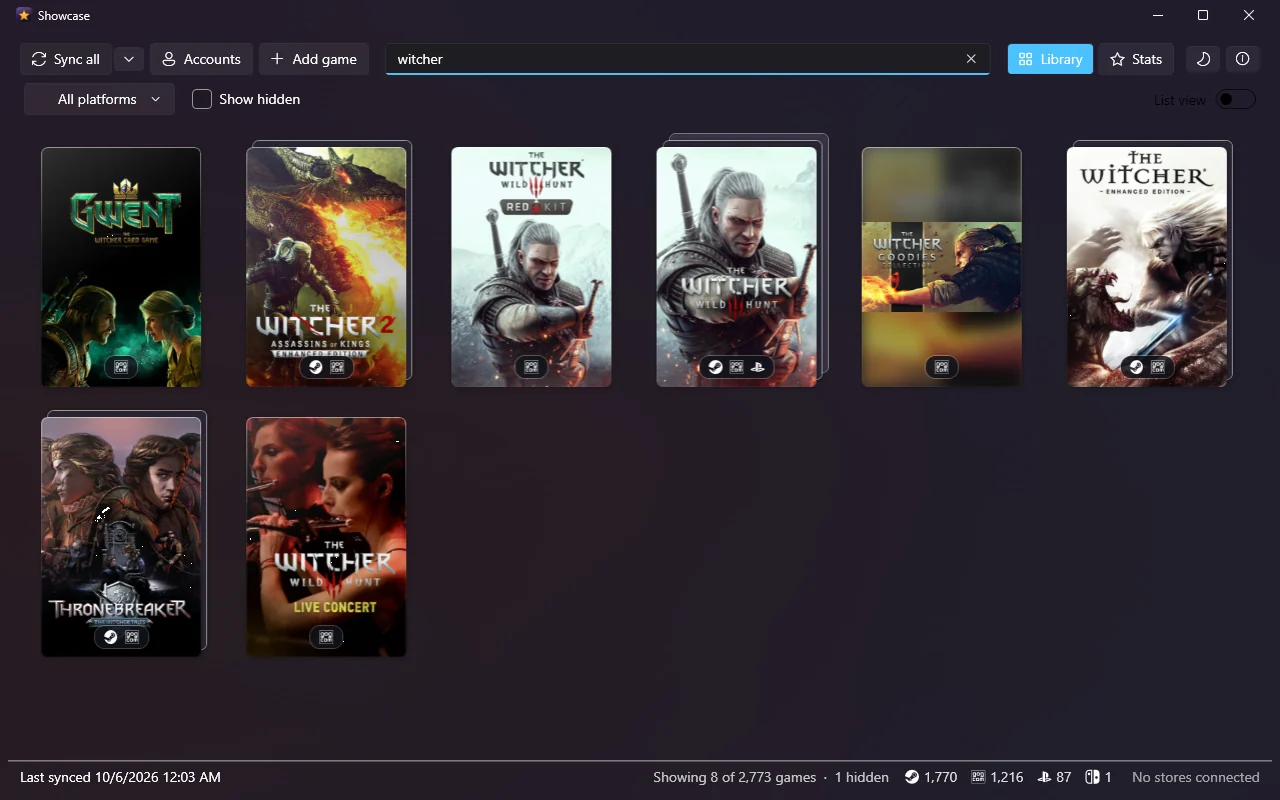 Showcase's poster grid searched for “witcher”: Witcher games, several of them stacked with Steam, GOG and PlayStation icons