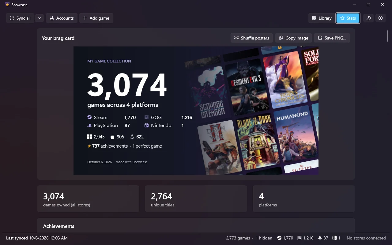 Showcase's stats view with a brag card reading 3,074 games across 4 platforms