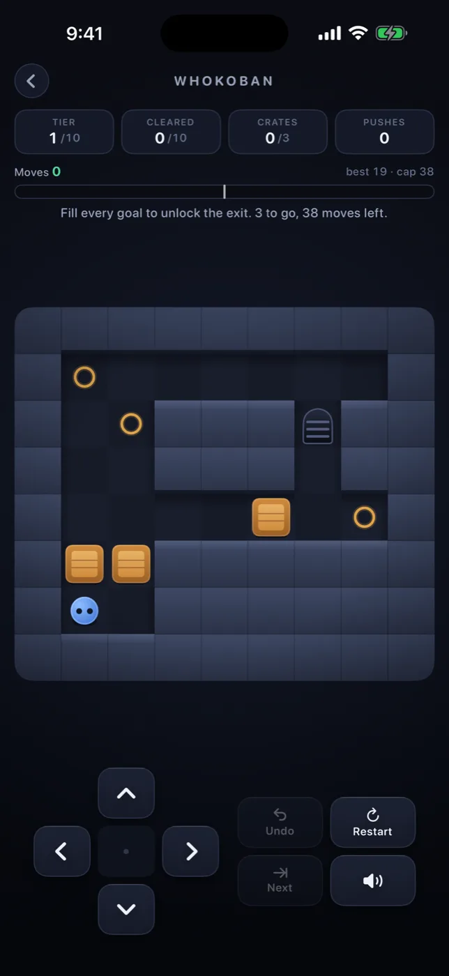 The same Whokoban level drawn in the selected theme — one of thirteen looks, from Herbie's drawing board to black lacquer and gold.