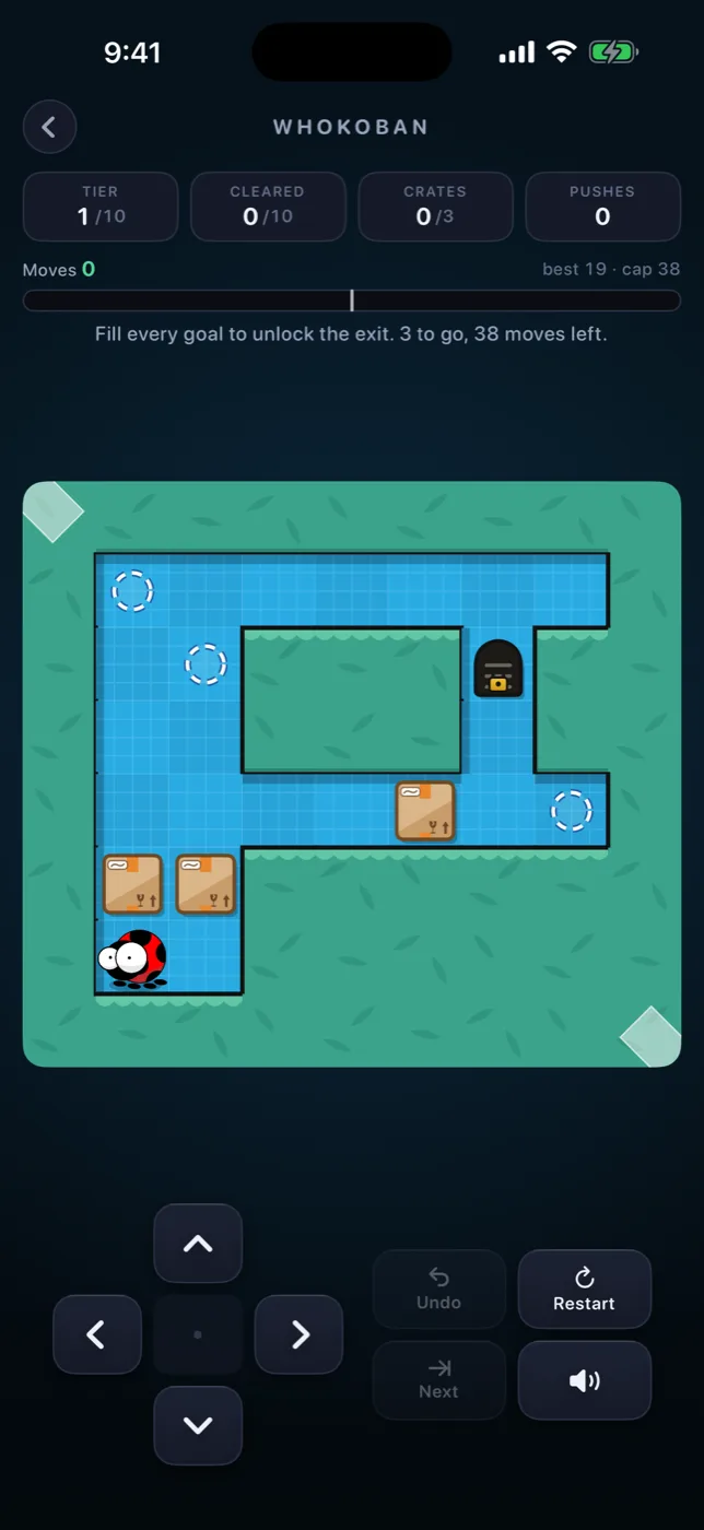 Whokoban in the FlyCraft look: a blue graph-paper floor, a paper forest for walls, cardboard boxes for crates, a padlocked launch gate, and Herbie in Whoko's place.